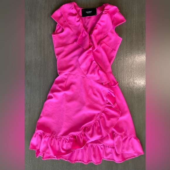 Marelina Hot Pink Ruffle Mini Wrap Dress 40 Small - Picture 3 of 15